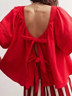 Red Casual Women's Woven Bow Tie Back Square Neck Embroidery Detail Blouse
